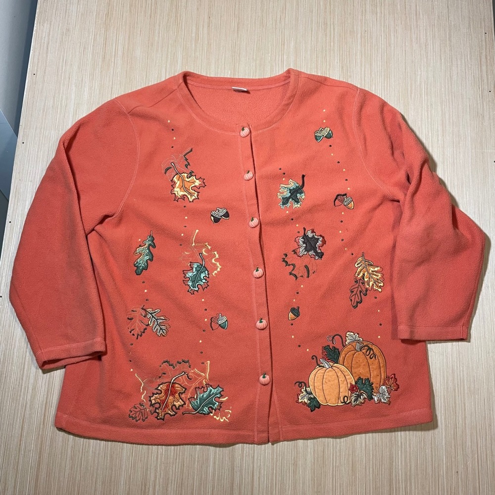 Quacker Factory Fleece Cardigan Women Orange Pumpkin Fall Embroidered Large